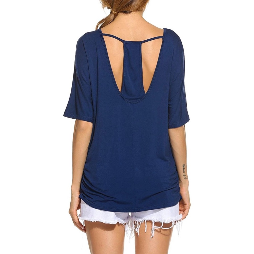 Open Cutout T Back Ruched Sides Drapey Top Navy - Picture 1 of 7